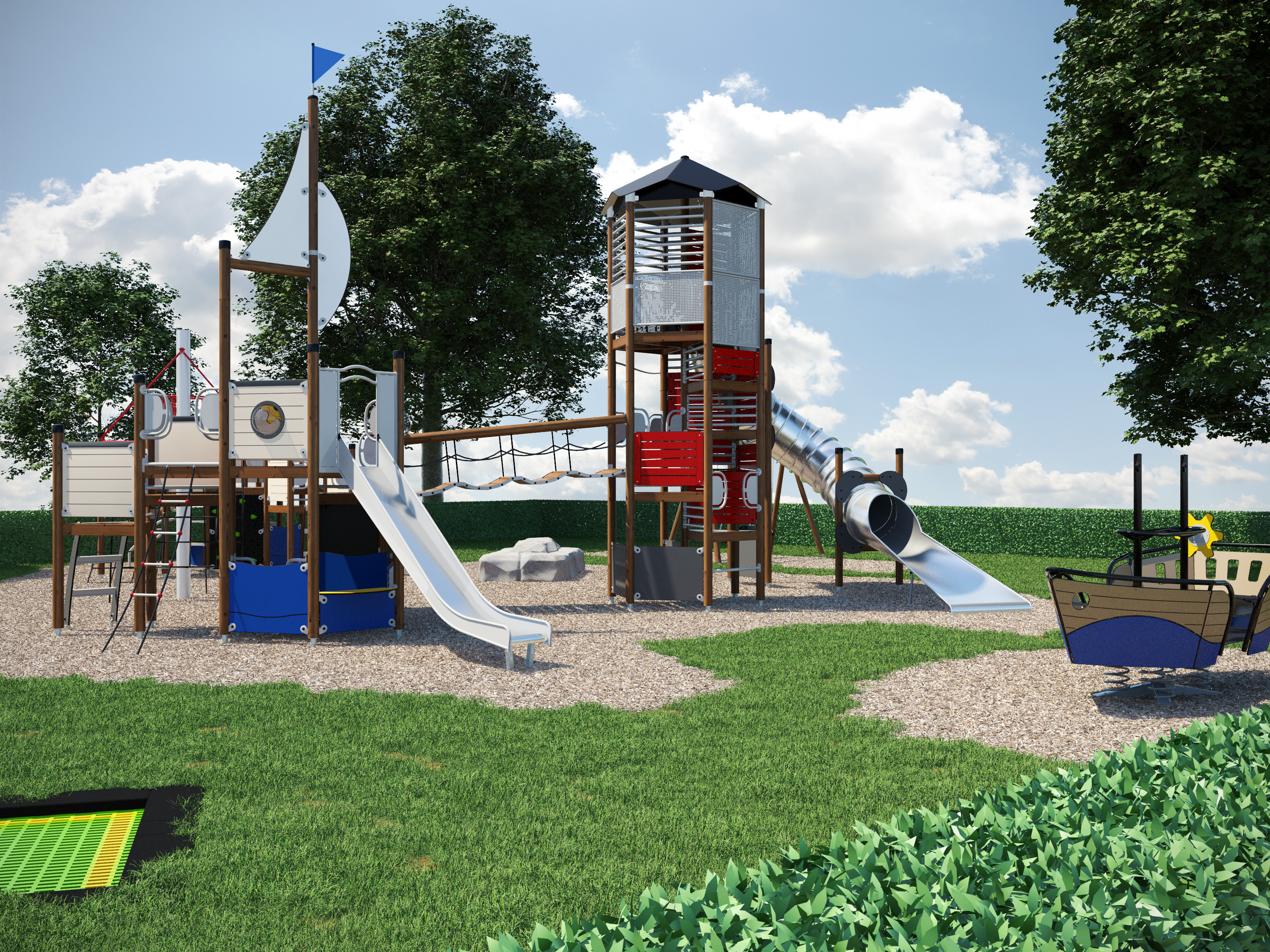 Render custom design of a large playground area with boat shaped play unit and large playground tower unit.